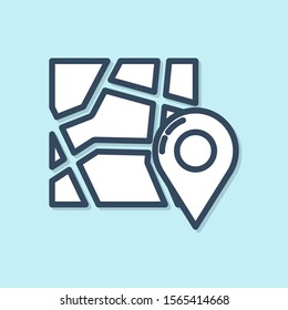 Blue line Folded map with location marker icon isolated on blue background.  Vector Illustration