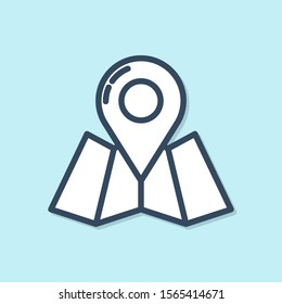 Blue line Folded map with location marker icon isolated on blue background.  Vector Illustration