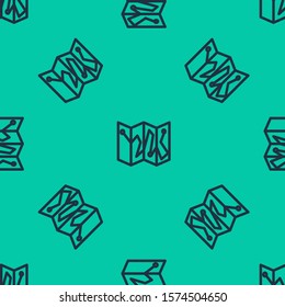 Blue line Folded map with location marker icon isolated seamless pattern on green background.  Vector Illustration