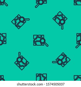 Blue line Folded map with location marker icon isolated seamless pattern on green background.  Vector Illustration