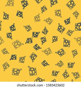 Blue line Folded map with location marker icon isolated seamless pattern on yellow background.  Vector Illustration