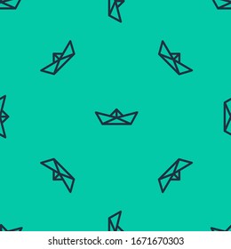 Blue line Folded paper boat icon isolated seamless pattern on green background. Origami paper ship.  Vector Illustration