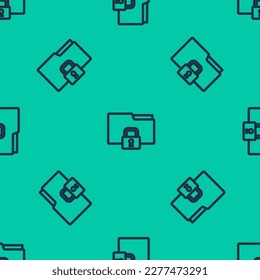 Blue line Folder and lock icon isolated seamless pattern on green background. Closed folder and padlock. Security, safety, protection concept.  Vector