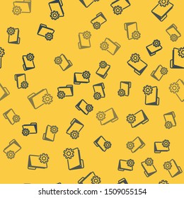 Blue line Folder settings with gears icon isolated seamless pattern on yellow background. Software update, transfer protocol, teamwork tool management.  Vector Illustration
