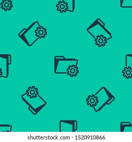 Blue line Folder settings with gears icon isolated seamless pattern on green background. Software update, transfer protocol, teamwork tool management.  Vector Illustration