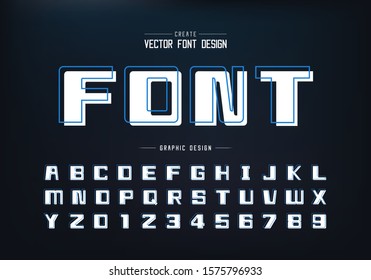 Blue line font with white shadow and bold alphabet vector, Square typeface letter and number design, Graphic text on background