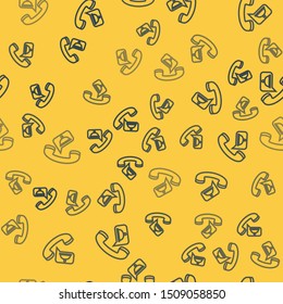 Blue line Food ordering icon isolated seamless pattern on yellow background. Order by mobile phone. Restaurant food delivery concept.  Vector Illustration