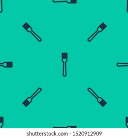 Blue line Fork icon isolated seamless pattern on green background. Cutlery symbol.  Vector Illustration