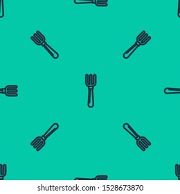 Blue line Fork icon isolated seamless pattern on green background. Cutlery symbol.  Vector Illustration