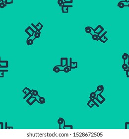 Blue line Forklift truck icon isolated seamless pattern on green background. Fork loader and cardboard box. Cargo delivery, shipping, transportation.  Vector Illustration