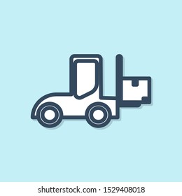 Blue line Forklift truck icon isolated on blue background. Fork loader and cardboard box. Cargo delivery, shipping, transportation.  Vector Illustration