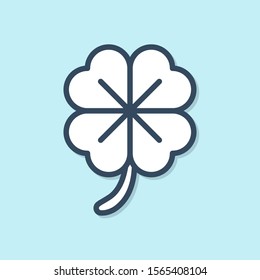 Blue line Four leaf clover icon isolated on blue background. Happy Saint Patrick day.  Vector Illustration