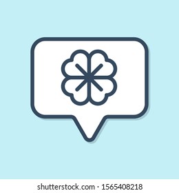 Blue line Four leaf clover in speech bubble icon isolated on blue background. Happy Saint Patrick day.  Vector Illustration