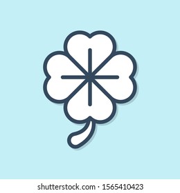 Blue line Four leaf clover icon isolated on blue background. Happy Saint Patrick day.  Vector Illustration