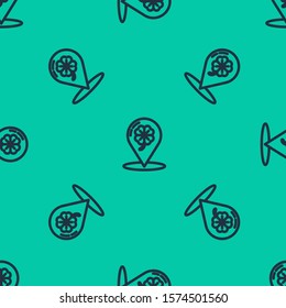 Blue line Four leaf clover icon isolated seamless pattern on green background. Happy Saint Patrick day.  Vector Illustration