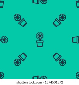 Blue line Four leaf clover in pot icon isolated seamless pattern on green background. Happy Saint Patrick day.  Vector Illustration