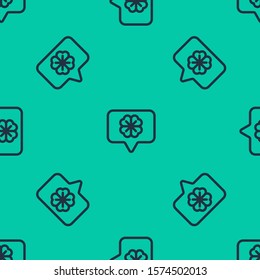 Blue line Four leaf clover in speech bubble icon isolated seamless pattern on green background. Happy Saint Patrick day.  Vector Illustration