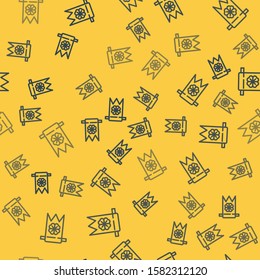 Blue line Four leaf clover icon isolated seamless pattern on yellow background. Party pennant for birthday celebration, festival. Happy Saint Patrick day.  Vector Illustration