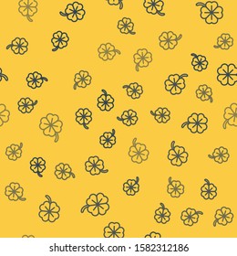 Blue line Four leaf clover icon isolated seamless pattern on yellow background. Happy Saint Patrick day.  Vector Illustration