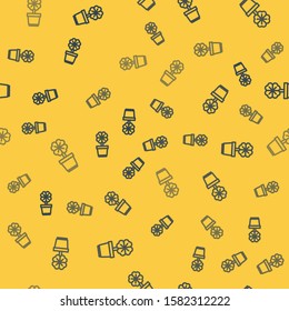 Blue line Four leaf clover in pot icon isolated seamless pattern on yellow background. Happy Saint Patrick day.  Vector Illustration