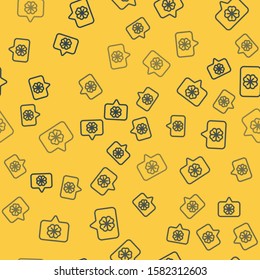 Blue line Four leaf clover in speech bubble icon isolated seamless pattern on yellow background. Happy Saint Patrick day.  Vector Illustration