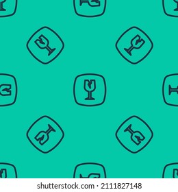 Blue line Fragile broken glass symbol for delivery boxes icon isolated seamless pattern on green background.  Vector