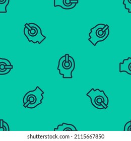 Blue line Freelancer icon isolated seamless pattern on green background. Freelancer man working on laptop at his house. Online working, distant job concept.  Vector