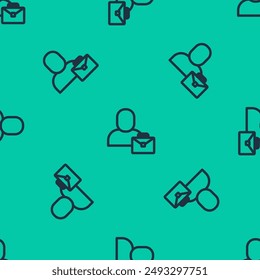 Blue line Freelancer icon isolated seamless pattern on green background. Freelancer man working on laptop at his house. Online working, distant job concept.  Vector