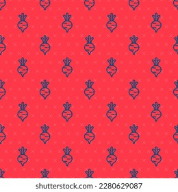 Blue line Fresh beet with leaf icon isolated seamless pattern on red background. Natural Root. Vegetable Ingredient for food.  Vector