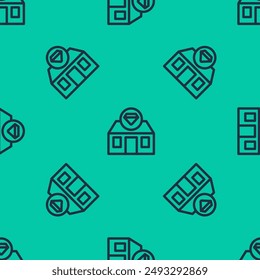 Blue line Front facade building jewelry store icon isolated seamless pattern on green background.  Vector