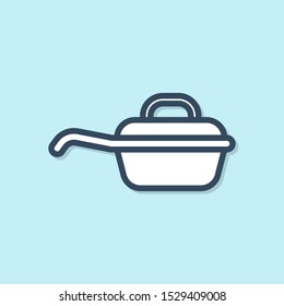 Blue line Frying pan icon isolated on blue background. Fry or roast food symbol.  Vector Illustration