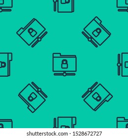 Blue line FTP folder and lock icon isolated seamless pattern on green background. Concept of software update. Security, safety, protection concept.  Vector Illustration