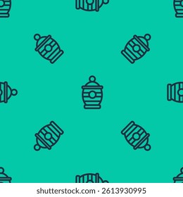 Blue line Funeral urn icon isolated seamless pattern on green background. Cremation and burial containers, columbarium vases, jars and pots with ashes.  Vector