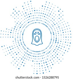 Blue line Funny and scary ghost mask for Halloween icon isolated on white background. Happy Halloween party. Abstract circle random dots. Vector Illustration
