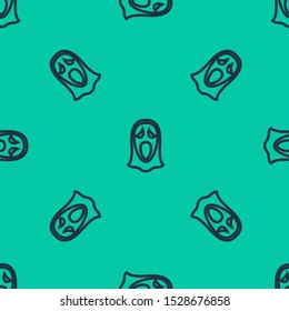 Blue line Funny and scary ghost mask for Halloween icon isolated seamless pattern on green background. Happy Halloween party.  Vector Illustration