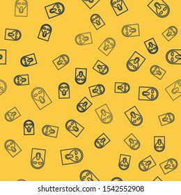Blue line Funny and scary ghost mask for Halloween icon isolated seamless pattern on yellow background. Happy Halloween party.  Vector Illustration