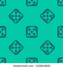 Blue line Game dice icon isolated seamless pattern on green background. Casino gambling.  Vector Illustration