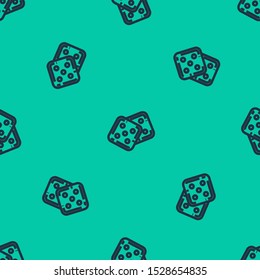 Blue line Game dice icon isolated seamless pattern on green background. Casino gambling.  Vector Illustration