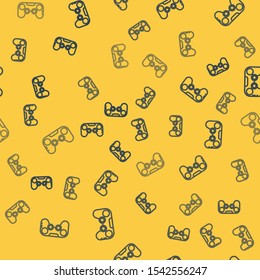 Blue line Gamepad icon isolated seamless pattern on yellow background. Game controller.  Vector Illustration