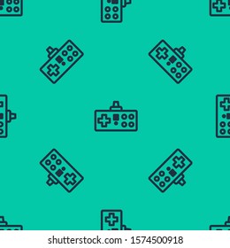 Blue line Gamepad icon isolated seamless pattern on green background. Game controller.  Vector Illustration