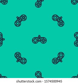 Blue line Gamepad icon isolated seamless pattern on green background. Game controller.  Vector Illustration