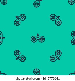 Blue line Gamepad icon isolated seamless pattern on green background. Game controller.  Vector Illustration