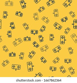Blue line Gamepad icon isolated seamless pattern on yellow background. Game controller.  Vector Illustration
