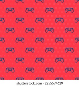 Blue line Gamepad icon isolated seamless pattern on red background. Game controller.  Vector Illustration
