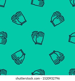 Blue line Garden gloves icon isolated seamless pattern on green background. Rubber gauntlets sign. Farming hand protection, gloves safety.  Vector Illustration