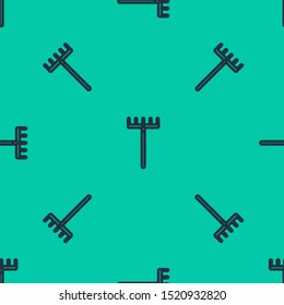 Blue line Garden rake icon isolated seamless pattern on green background. Tool for horticulture, agriculture, farming. Ground cultivator. Housekeeping equipment.  Vector Illustration
