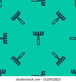 Blue line Garden rake icon isolated seamless pattern on green background. Tool for horticulture, agriculture, farming. Ground cultivator. Housekeeping equipment.  Vector Illustration