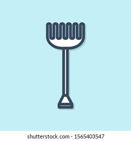 Blue line Garden rake icon isolated on blue background. Tool for horticulture, agriculture, farming. Ground cultivator. Housekeeping equipment.  Vector Illustration
