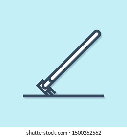Blue line Garden rake in work icon isolated on blue background. Tool for horticulture, agriculture, farming. Ground cultivator.  Vector Illustration