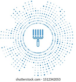 Blue line Garden rake in work icon isolated on white background. Tool for horticulture, agriculture, farming. Ground cultivator. Abstract circle random dots. Vector Illustration